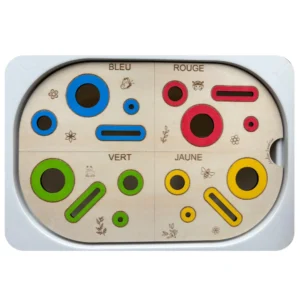 Insert sensoriel en bois 4 couleurs primaires avec jetons colorés pour la motricité fine et le tri des couleurs