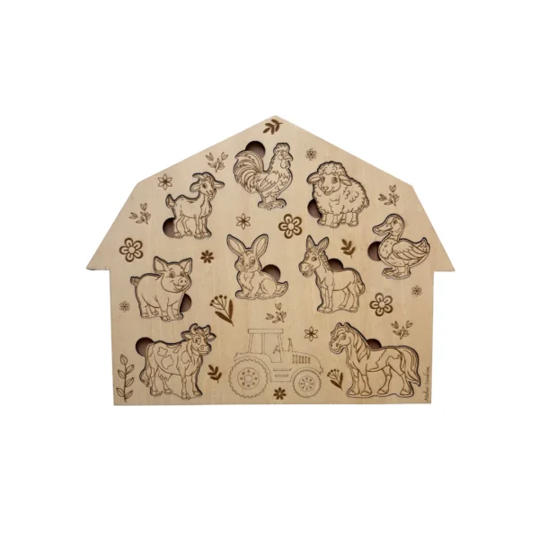 Puzzle en bois - forme de ferme - animaux de la ferme (vache, cochon, mouton, cheval, poule) pour enfant, fabrication artisanale Atelier Sandrien