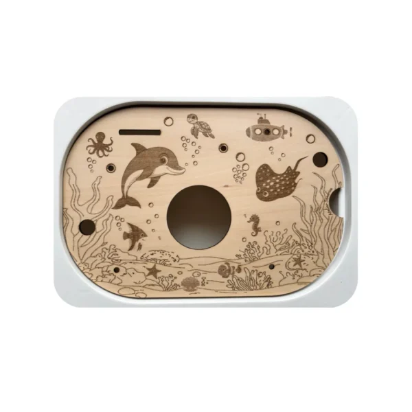 Insert sensoriel animaux marins en bois avec trou central pour activité de transvasement enfant