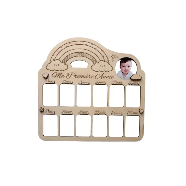 Cadre photo en bois Ma première année avec arc-en-ciel et emplacements pour photos mensuelles de bébé