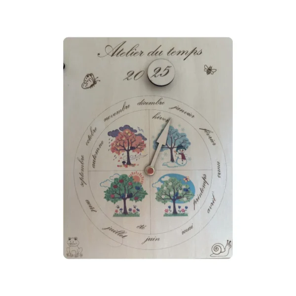 Calendrier du temps - tableau éducatif en bois - zoom sur la roue des saisons