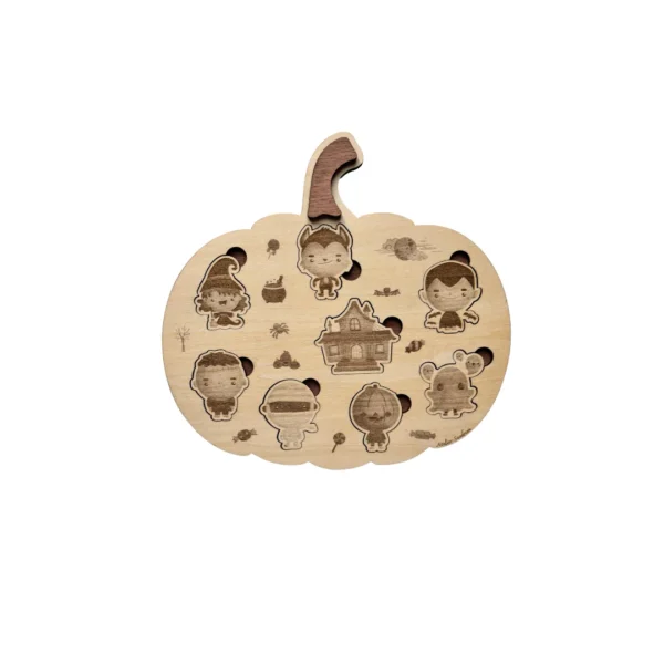 Puzzle en bois en forme de citrouille avec personnages d’Halloween, jeu éducatif et ludique pour enfant