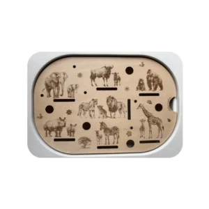 Insert sensoriel en bois avec animaux de la savane pour observer, nommer et manipuler