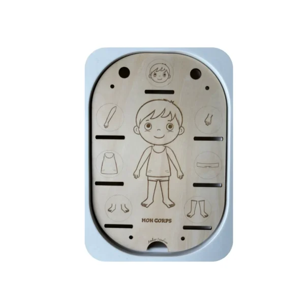 Insert sensoriel éducatif en bois pour découvrir le corps humain, les parties du corps et le schéma corporel