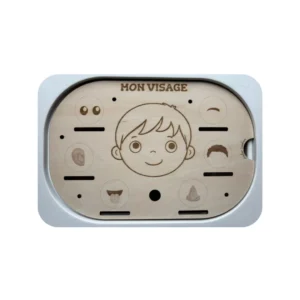 Insert sensoriel en bois avec visage et expressions pour jeu d’identification des émotions