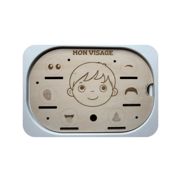 Insert sensoriel en bois avec visage et expressions pour jeu d’identification des émotions