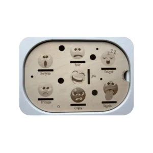 Insert sensoriel en bois émotions avec visages exprimant joie, tristesse, colère et fatigue pour apprentissage émotionnel enfant