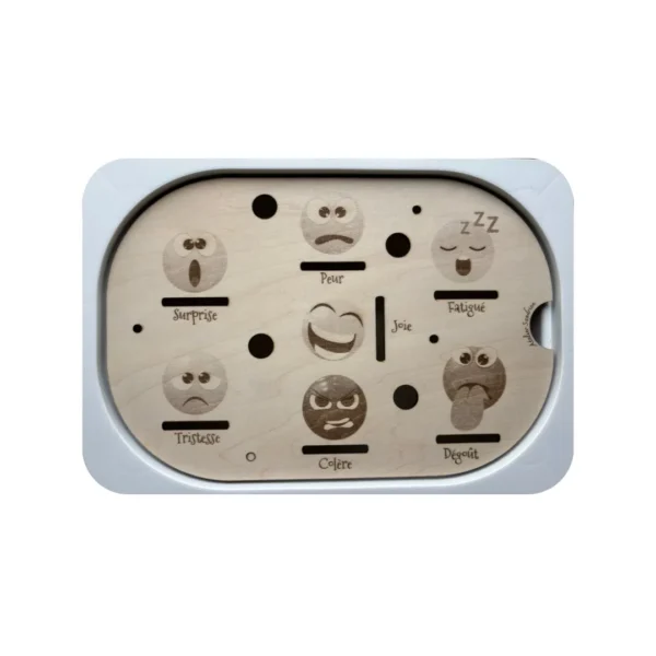 Insert sensoriel en bois émotions avec visages exprimant joie, tristesse, colère et fatigue pour apprentissage émotionnel enfant