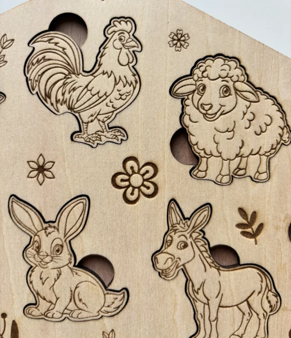 Puzzle en bois - Les animaux de la ferme zoom sur le coq, le mouton, le lapin et l'âne