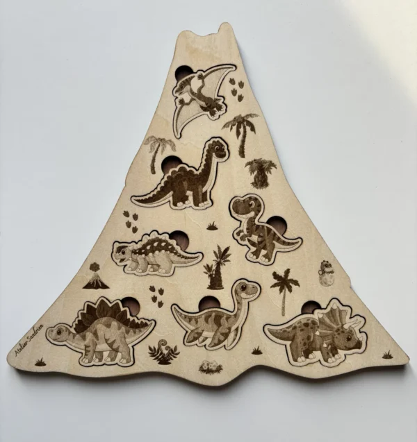 Puzzle en bois - Les dinosaures sur un volcan - puzzle sur 2 couleurs de bois