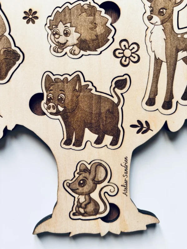 Puzzle forme arbre en bois - Les animaux de la forêt - zoom sur la souris, le sanglier...