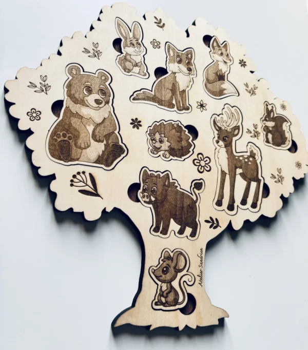 Puzzle forme arbre en bois - Les animaux de la forêt - vue de biais