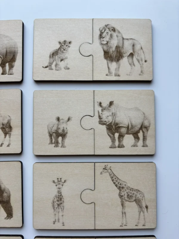 Duo puzzle en bois Safari - zoom famille, lion, rhinocéros, girafe