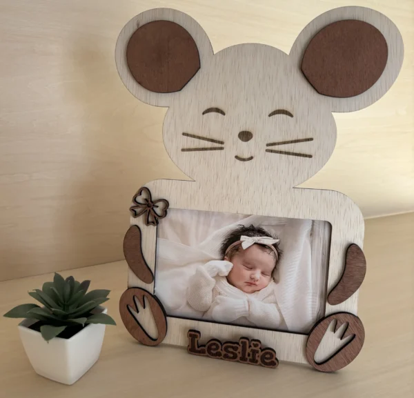 Cadre photo en bois - représentant une souris 2 couleurs de bois