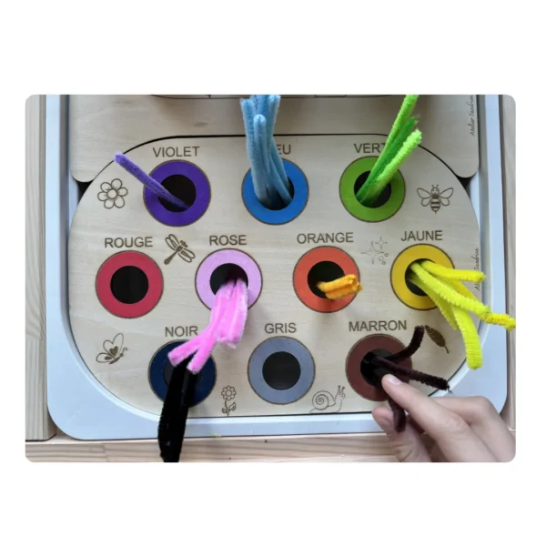 Insert sensoriel en bois - Atelier des couleurs 10 ronds de couleurs pour nsérer des chenilles avec main d'enfant