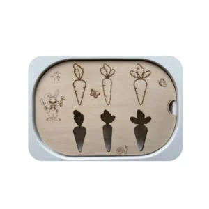 Insert sensoriel en bois jardin de carottes pour jeux de tri, reconnaissance des formes et motricité fine chez l’enfant