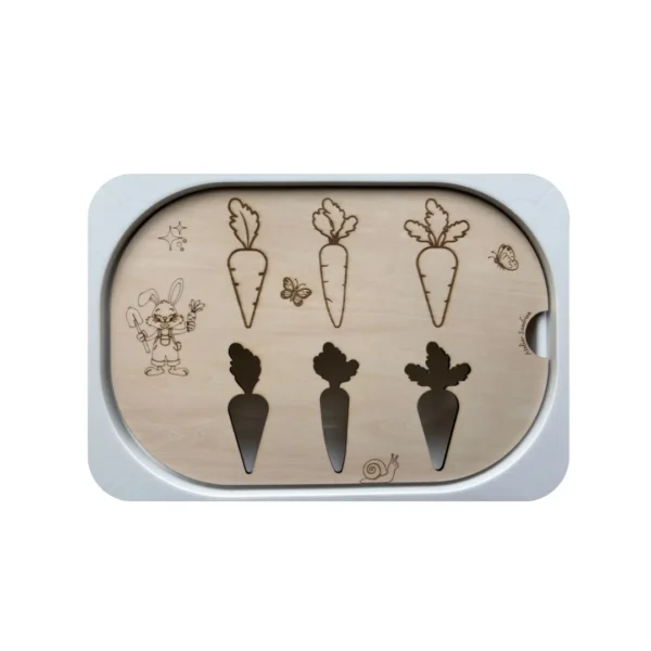 Insert sensoriel en bois jardin de carottes pour jeux de tri, reconnaissance des formes et motricité fine chez l’enfant