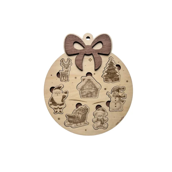 Puzzle en bois en forme de boule de Noël avec personnages et décor hivernal, jeu éducatif et décoration de fête