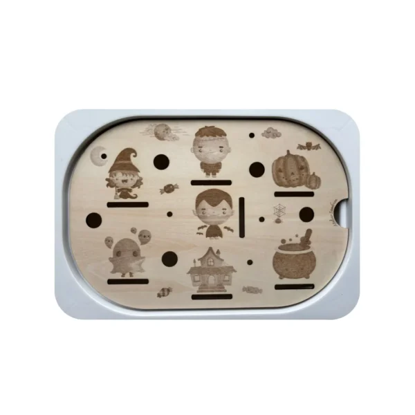 Insert sensoriel Halloween en bois avec personnages et objets pour enfants, activité de tri et de motricité fine