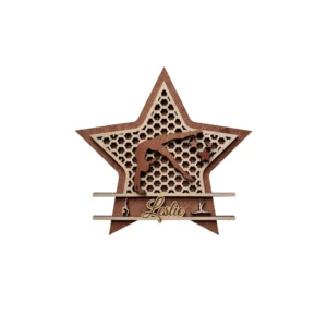 Plaque de porte en bois sur le thème de la gymnastique avec étoile, silhouette de gymnaste et prénom Leslie