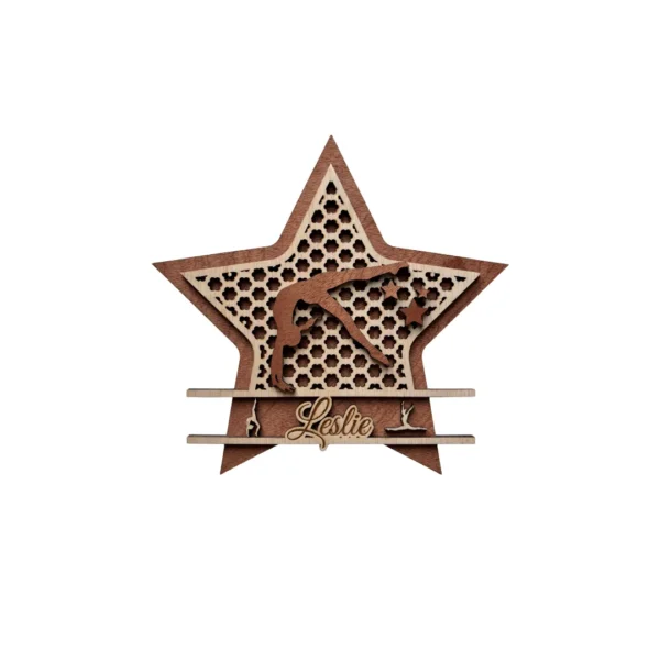 Plaque de porte en bois sur le thème de la gymnastique avec étoile, silhouette de gymnaste et prénom Leslie