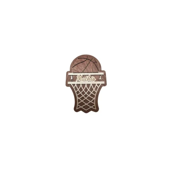 Plaque de porte en bois thème basket avec panier et ballon, décoration de chambre d’enfant personnalisable