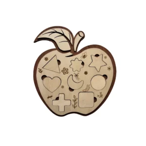 Puzzle en bois en forme de pomme avec encastrements de formes géométriques