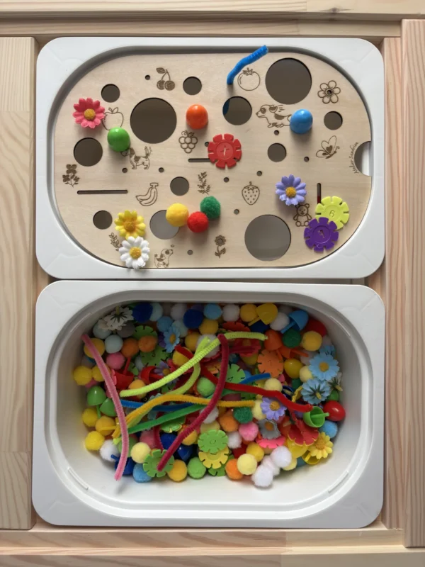 Insert sensoriel en bois avec trous de différentes tailles et illustrations gravées pour exploration et manipulation avec accessoires variés posés et un bac avec différents accessoires