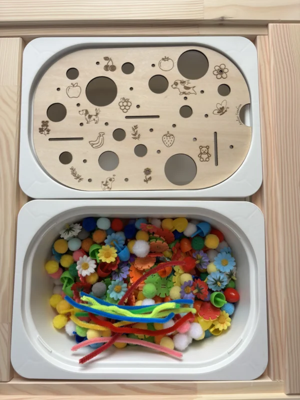 Insert sensoriel en bois avec trous de différentes tailles et illustrations gravées pour exploration et manipulation, un bac avec différents accessoires
