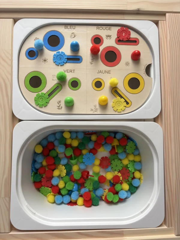 Insert sensoriel en bois avec fentes, trous picots et cercles de couleurs, avec pompons avec pompons, fleurs et picots dans un bac pour activité de tri et manipulation