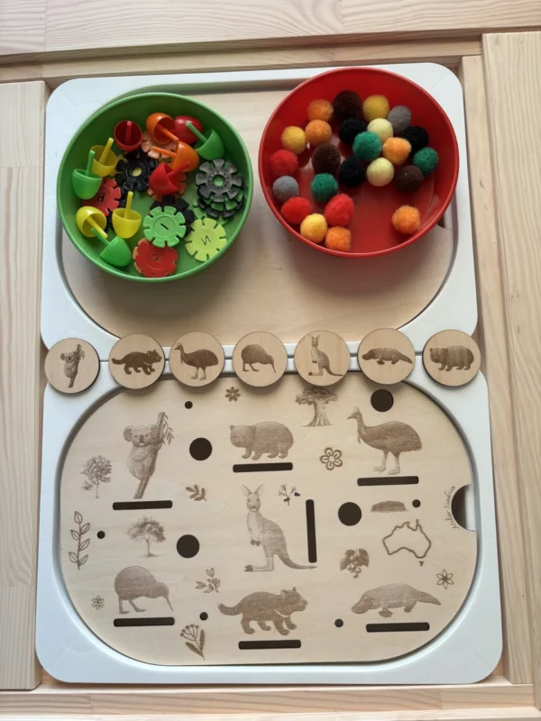 Insert sensoriel en bois animaux Australie avec bols accessoires et jetons