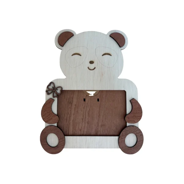 Cadre photo en bois en forme de panda tenant une photo d’enfant