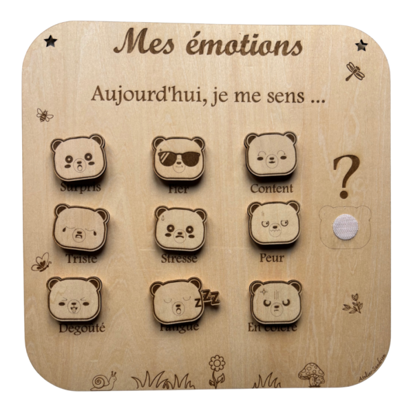 Tableau éducatif en bois “Mes émotions” avec visages d’ours pour aider l’enfant à reconnaître ses émotions