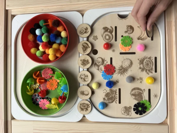 Enfant utilisant un insert sensoriel Fruits exotiques en bois avec pompons et jetons pour activité de tri et motricité fine