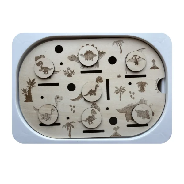 insert sensoriel bois dinosaure illustré, jetons dessus