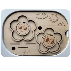 Insert sensoriel en bois avec deux fleurs marguerites à manipuler pour la motricité fine, le tri et l’exploration tactile