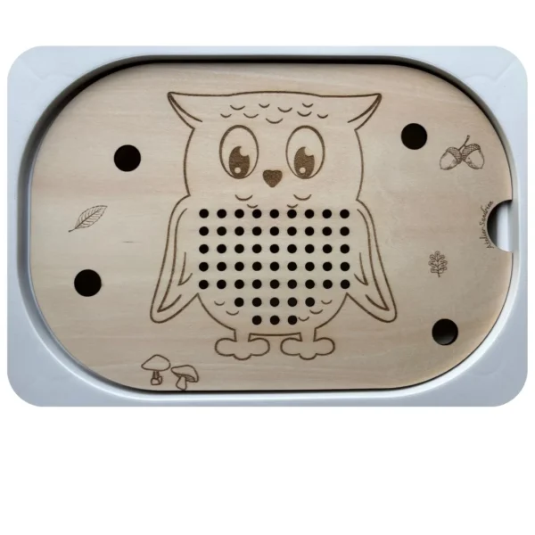 Insert sensoriel en bois hibou à trous pour motricité fine et précision des gestes