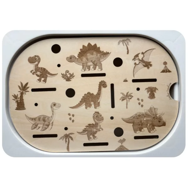 insert sensoriel en bois dinosaures en bois avec tyrannosaure, tricératops et animaux préhistoriques pour jeu éducatif enfant