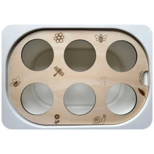 Accessoire en bois porte-gobelet pour inserts sensoriels permettant de maintenir des gobelets pour activités de transvasement et de motricité fine