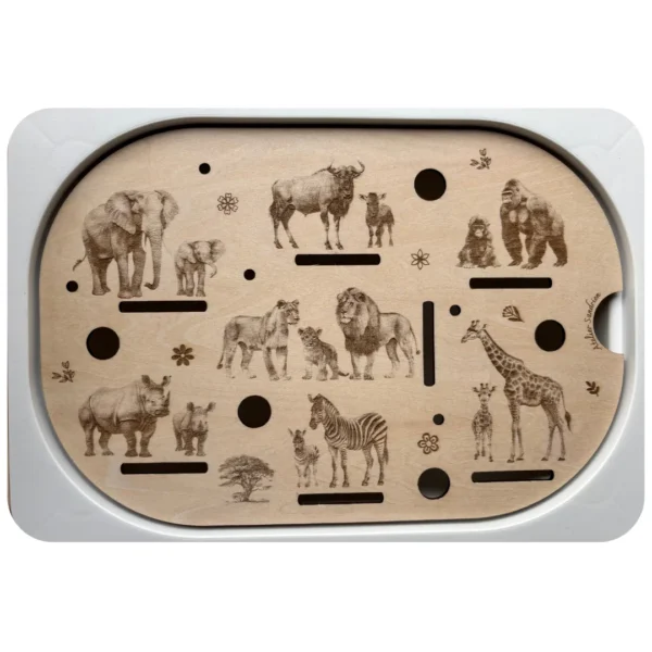 Insert sensoriel en bois avec animaux de la savane pour observer, nommer et manipuler