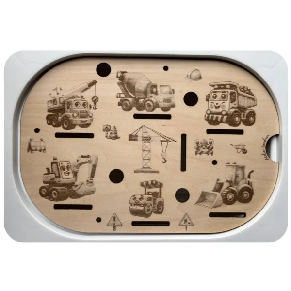 Insert sensoriel en bois avec engins de chantier illustrés pour jeu d’association et d’observation