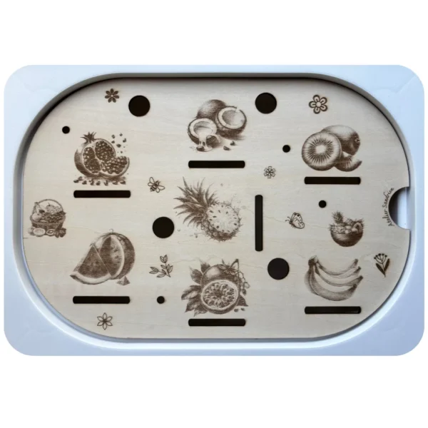 Insert sensoriel en bois avec fruits exotiques pour jeu d’association et vocabulaire Insert sensoriel fruits exotiques