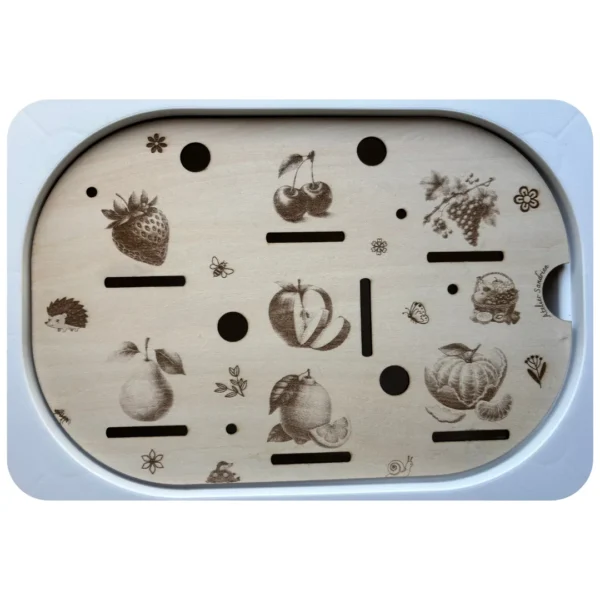Insert sensoriel en bois fruits du verger pour association visuelle et découverte des aliments