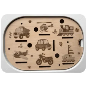 Insert sensoriel en bois avec véhicules rigolos pour jouer, observer et développer la motricité fine