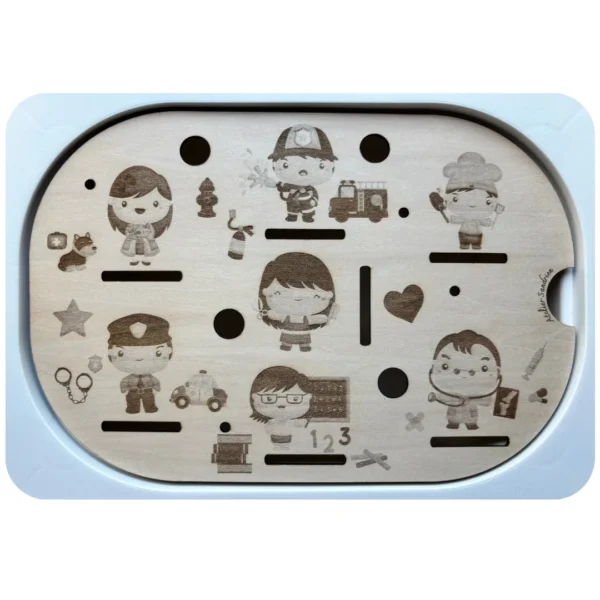 Insert sensoriel en bois sur le thème des métiers du quotidien pour enfants