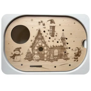 Insert sensoriel en bois Maison de Noël avec décors hivernaux pour jeu de transvasement et d’imagination