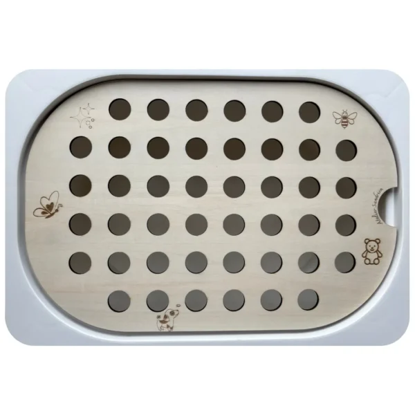 Insert sensoriel en bois avec trous pour pompons de 20mm - activités créatives et motricité fine des enfants