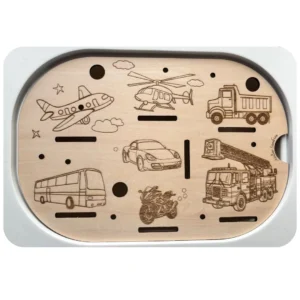 Insert sensoriel en bois représentant les transports du quotidien (bus, camion, voiture, avion, hélicoptère) pour jeux d’association et d’ob