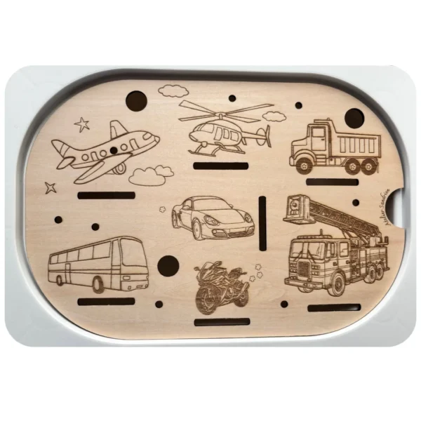 Insert sensoriel en bois représentant les transports du quotidien (bus, camion, voiture, avion, hélicoptère) pour jeux d’association et d’ob