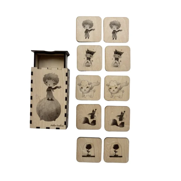 mémory le Prince en bois - avec sa boîte et les 10 pièces posées de face